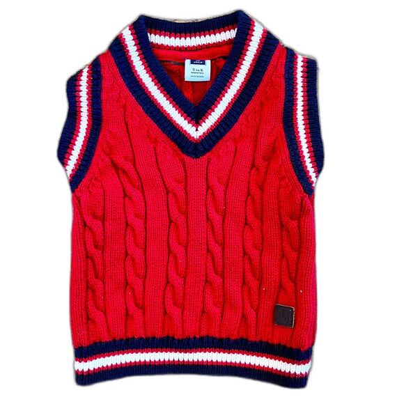 Janie and Jack Red Cable Knit Vest V-Neck Blue Stripe Trim 3-6mos - Picture 1 of 6